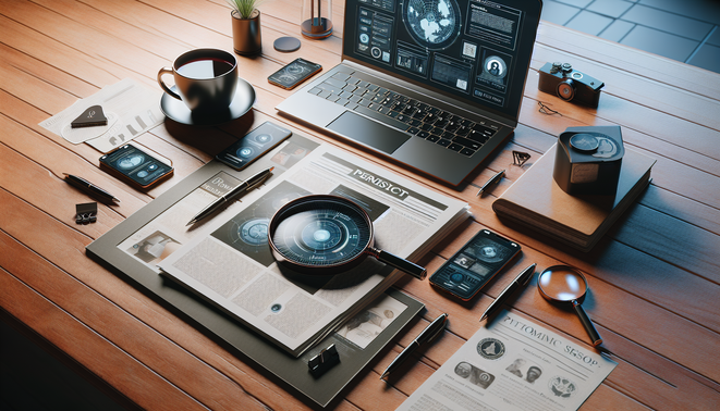 A modern editorial cover with a wooden desk, laptop, smartphone, certificate, and investigative tone.