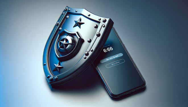 "ภาพโล่โลหะและสมาร์ทโฟนสื่อถึงระบบความปลอดภัยของ Rockstar66 โทนสีเย็นทันสมัย"