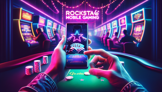 alt_text: Cover image for "Rockstar66 mobile gaming," featuring hands on a smartphone in a neon casino vibe.