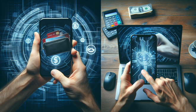 alt_text: "Split-screen image: e-wallet on phone vs bank transfer with laptop, illustrating payment options."