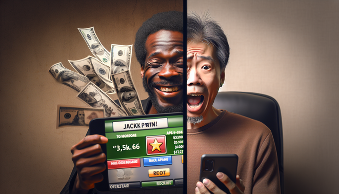 Split-screen image: left shows happy adult with "Rockstar66" jackpot, right shows worried adult with low balance.