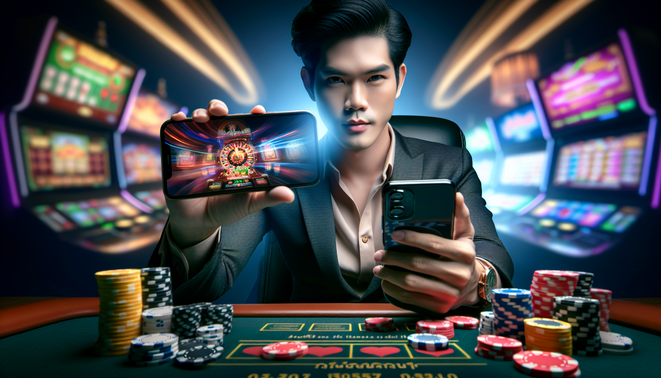 alt_text: Confident Thai player at a desk, holding a smartphone with blurred slot game, casino vibe elements.