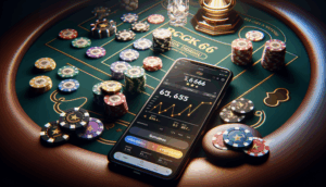 alt_text: โต๊ะคาสิโนหรูพร้อมมือถือแสดงแอป Rockstar66, ชิปโป๊กเกอร์, และกราฟเปรียบเทียบโบนัส.