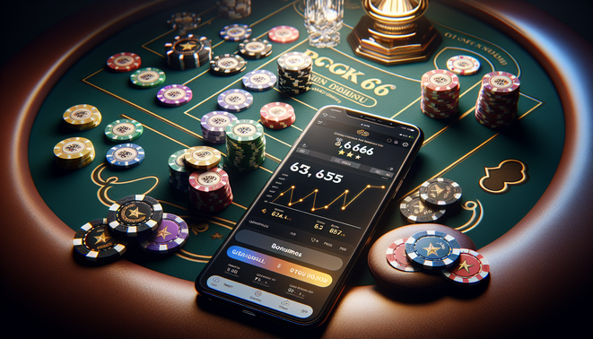alt_text: โต๊ะคาสิโนหรูพร้อมมือถือแสดงแอป Rockstar66, ชิปโป๊กเกอร์, และกราฟเปรียบเทียบโบนัส.