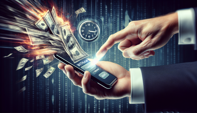 alt_text: A dramatic scene of a hand pressing 'Withdraw' on a smartphone, cash emerging, '1 minute' clock overlay.