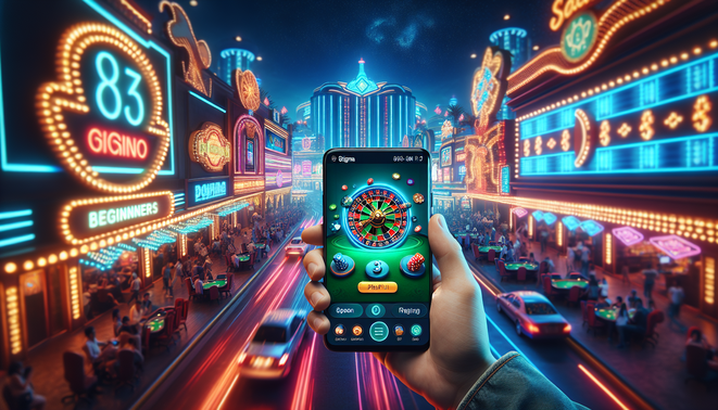 alt_text: Nighttime casino scene featuring a smartphone displaying three beginner-friendly games on Rockstar66.