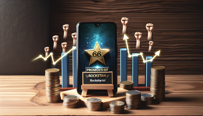 แสดงมือถือพร้อมโปรโมชัน Rockstar66 บนโต๊ะไม้ มีเหรียญและกราฟเฉลิมฉลองแสดงความคุ้มค่า