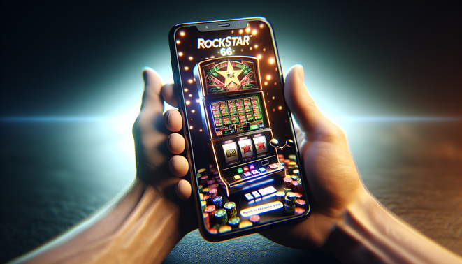 alt_text: ปกหนังสือเทคนิคเล่นสล็อต Rockstar66 สวยงาม ใช้ภาพสมาร์ทโฟนและสล็อตแสดงผล.