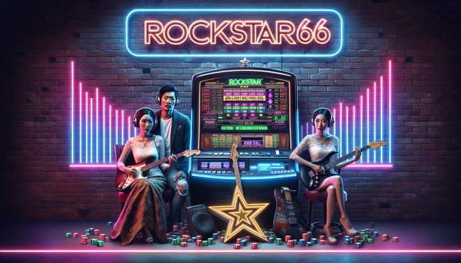 alt_text: ปกเรียลิสติกชาย/หญิงไทยนั่งหน้าตู้สล็อต Rockstar66 มีกราฟจังหวะและไฟนีออน.