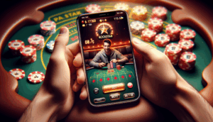 alt_text: มือถือเล่นเกม Rockstar66, เดิมพัน 1 ฿, ชิปคาสิโน, บรรยากาศอบอุ่น, ผู้เล่นยิ้ม.