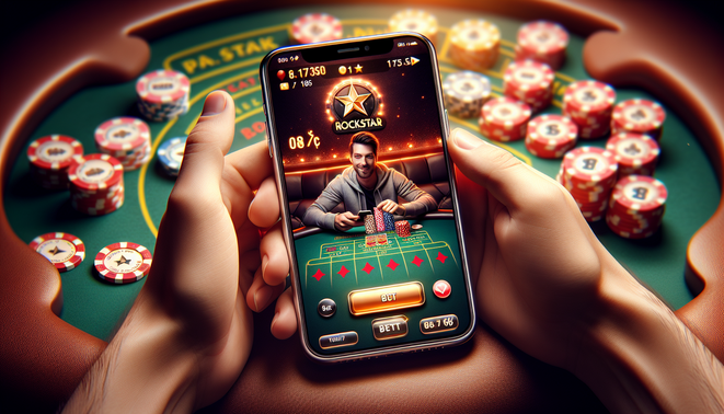 alt_text: มือถือเล่นเกม Rockstar66, เดิมพัน 1 ฿, ชิปคาสิโน, บรรยากาศอบอุ่น, ผู้เล่นยิ้ม.