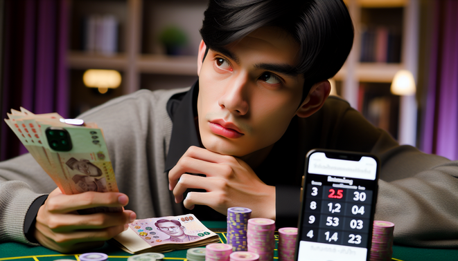alt_text: A young Thai adult ponders betting calculations beside scattered baht notes and a smartphone.