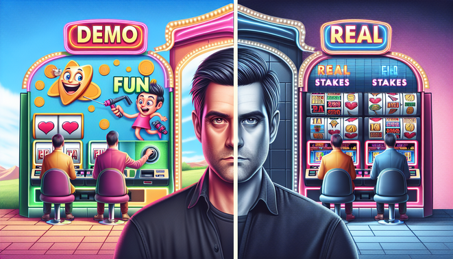 alt_text: Split-screen cover: demo fun vs. real stakes; left: cheerful player, colorful slots; right: focused adult, serious tones.