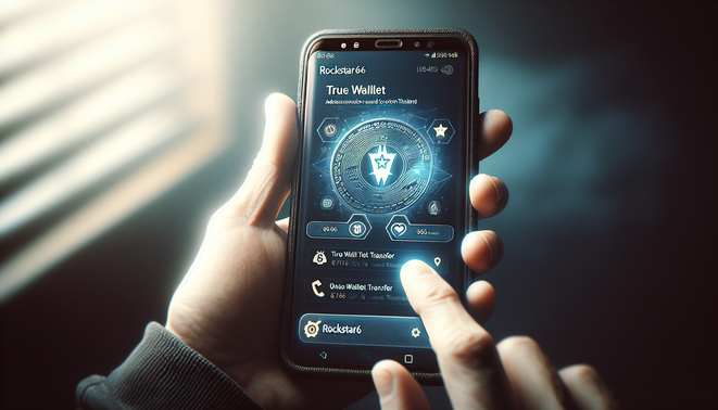 alt_text: A Thai adult hand holds a smartphone displaying a True Wallet transfer for Rockstar66 with icons.